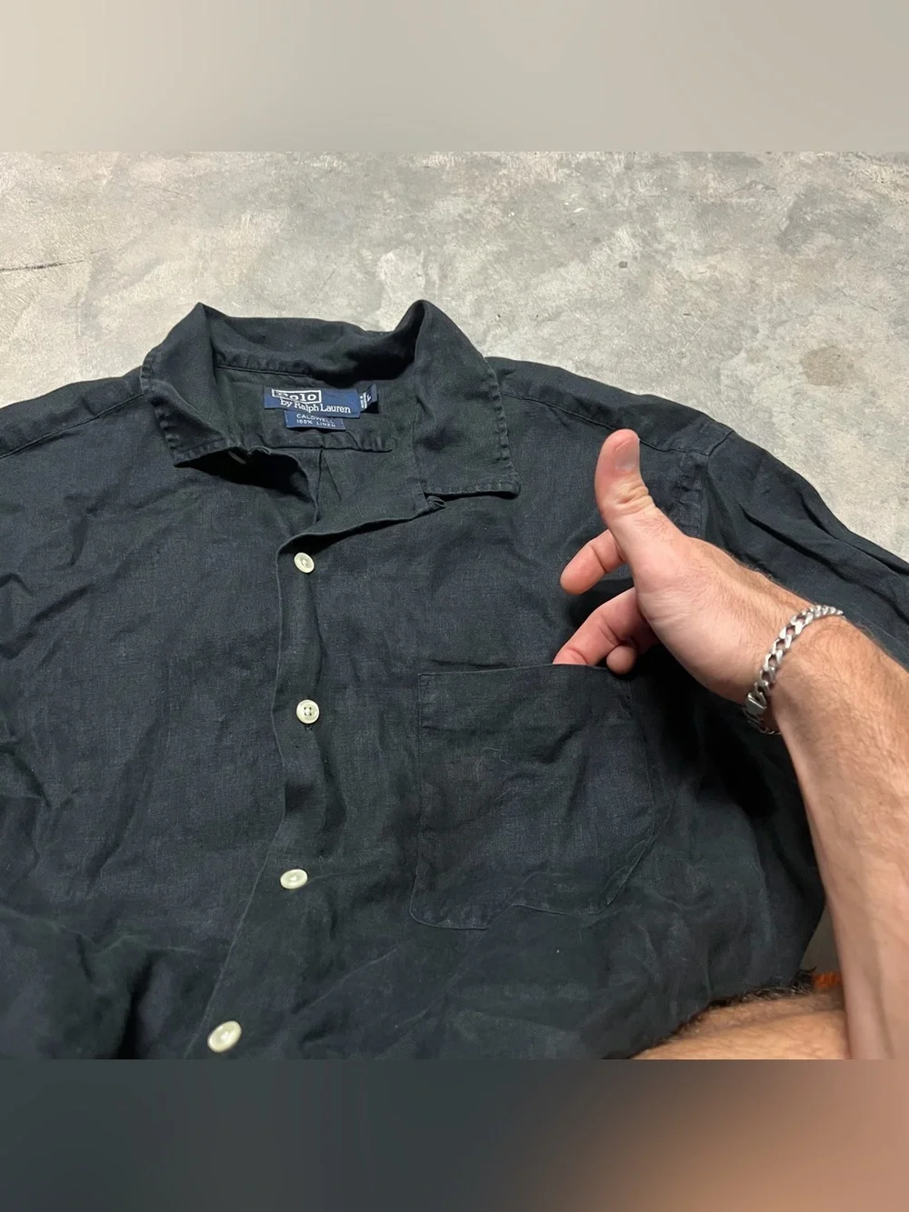 Vintage Polo Ralph Lauren Linen Caldwell Shirt Mens L Black Pocket Loop Collar